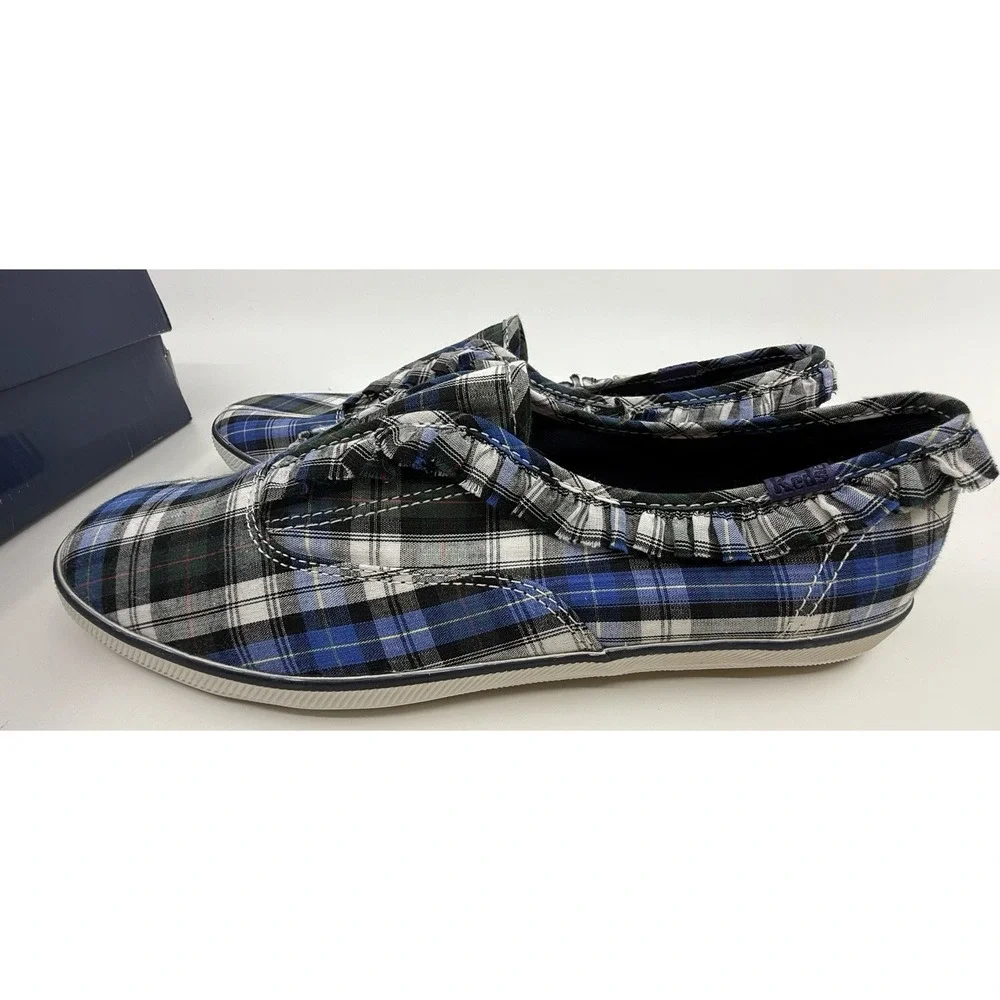 Keds Women's Blue Ruffle Plaid Champion Shoes Slip On Sz 8.5 NIB